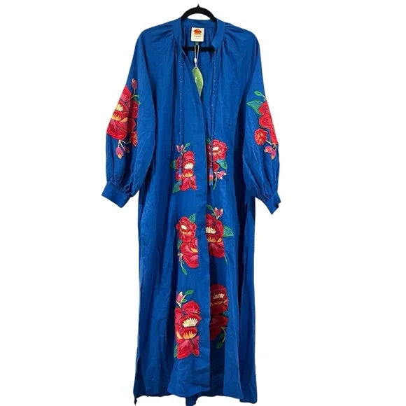FINAL PRICE NEW NWT FARM Rio Flowerful Rio Embroidery Linen Kaftan Midi Dress - Picture 2 of 13
